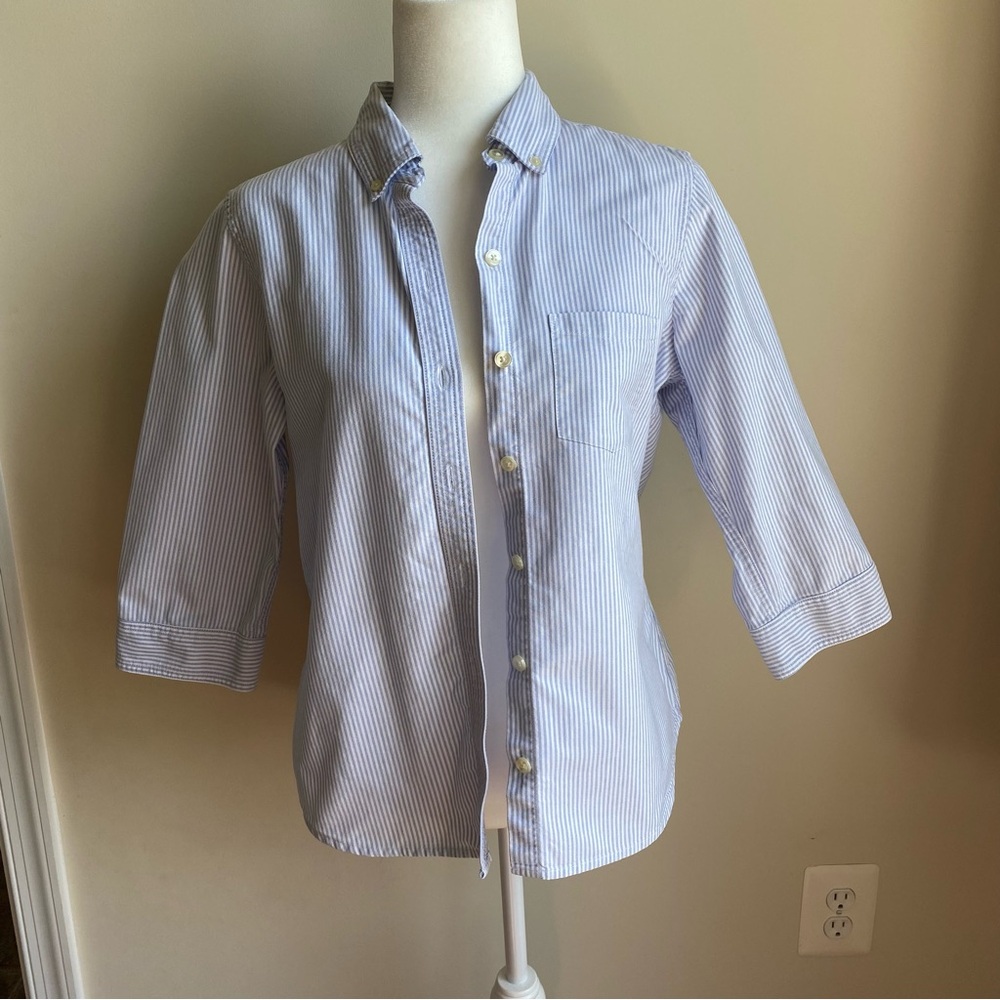 LL Bean Blue and White Stripes 3/4 Length Sleeve Button Down Shirt Oxford Cotton